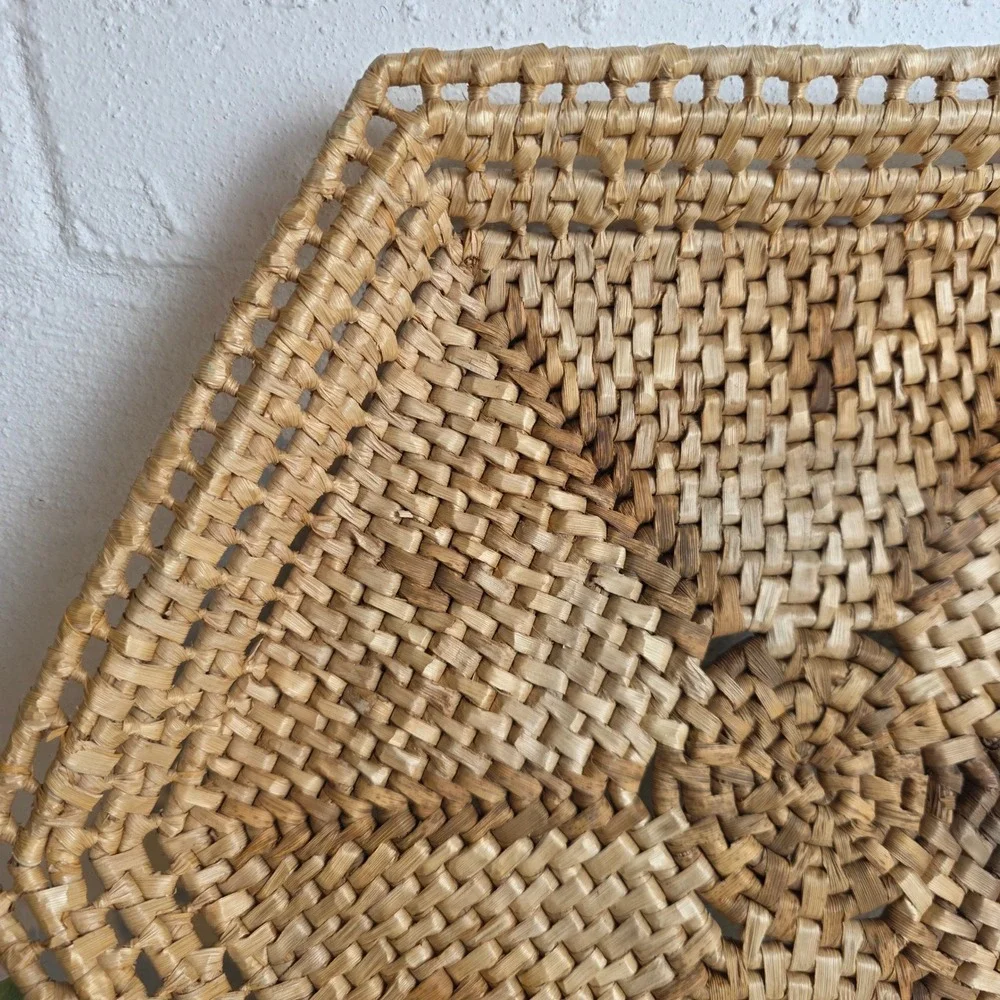 Vintage Hexagonal Handwoven Wicker Wall Basket Tray Natural Fiber Sunburst Boho